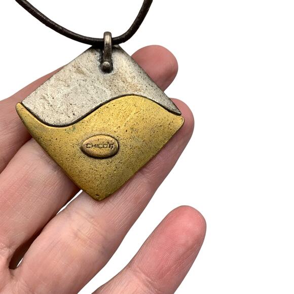 Chicos Choker Pendant Necklace Aztec Design Metal Silver Gold Tone Black Leather - Picture 5 of 8